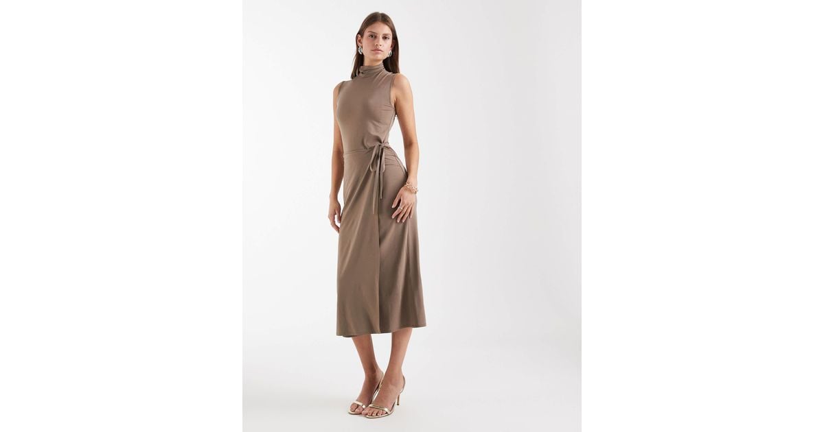 high neck tie waist midi dress Elegant High Neck Tie-Waist Midi Dress Likemychoice