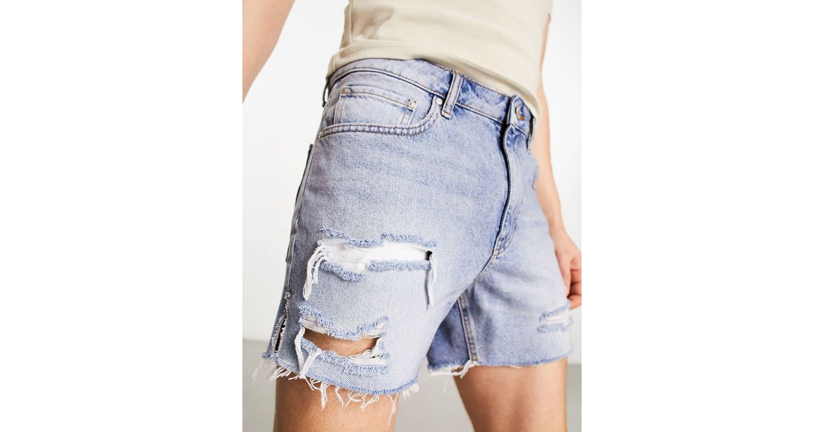 ASOS Shorter Length Denim Shorts With Rips in Blue for Men Lyst