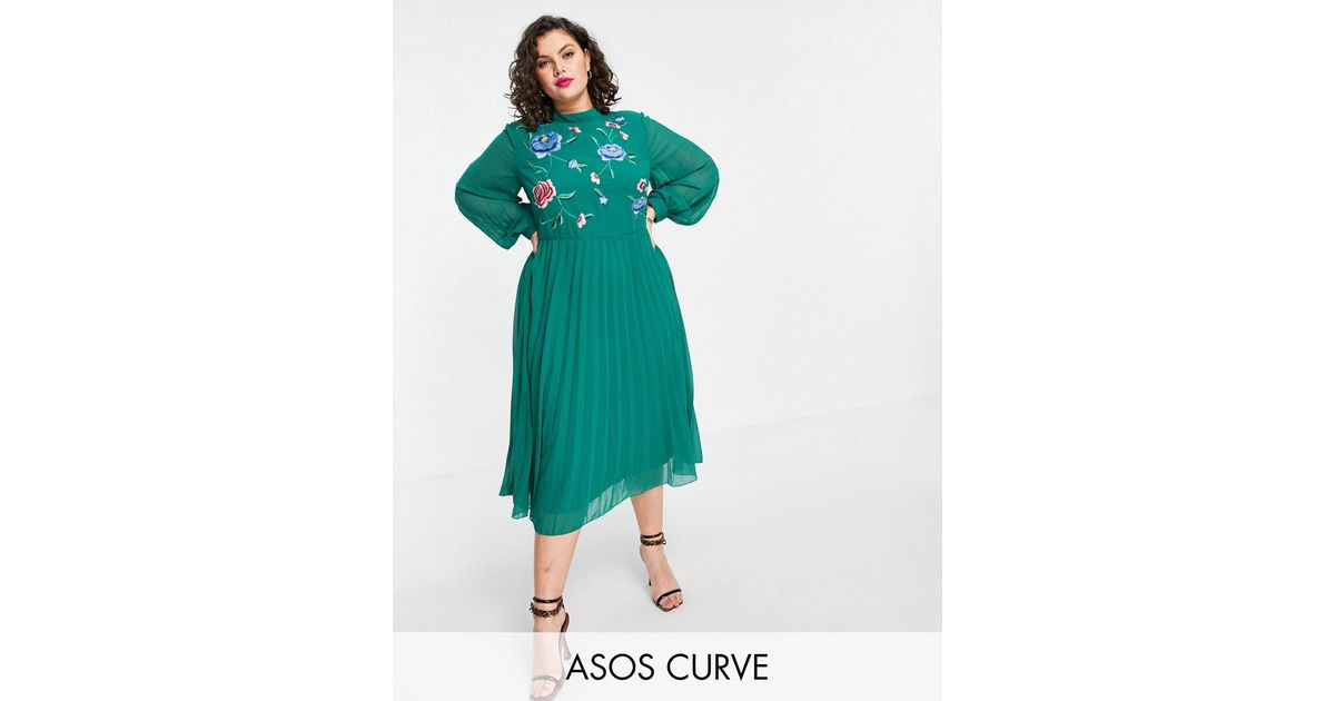 Asos design pleated high neck midi dress with embroidery sale