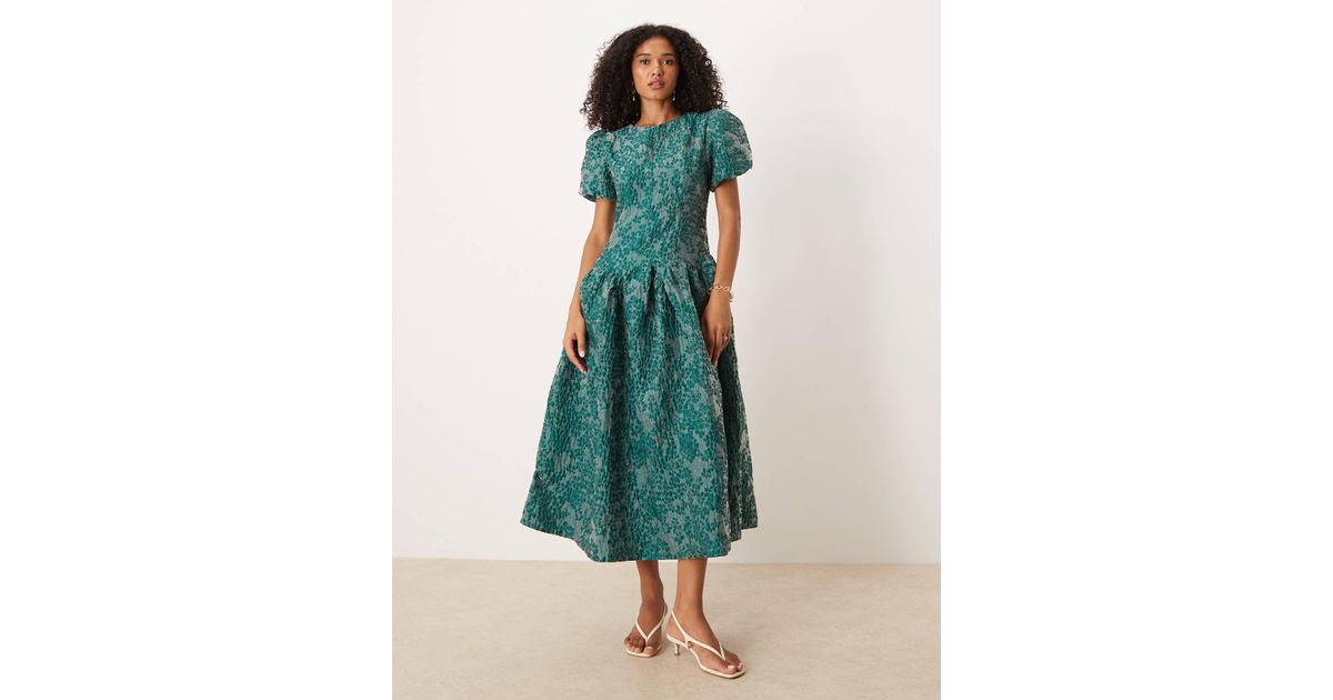 Sister Jane Dream Jacquard Godet Dropped Waist Midi Dress in Green
