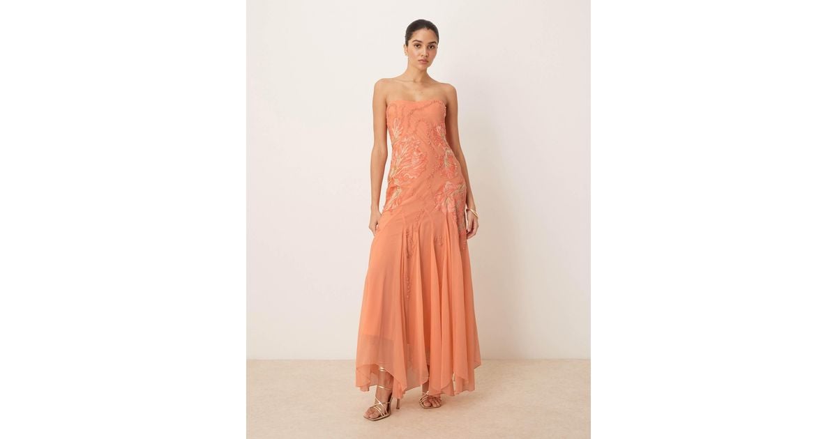 asos design bandeau floral embellished maxi dress in apricot ASOS DESIGN bandeau floral embellished maxi dress in apricot