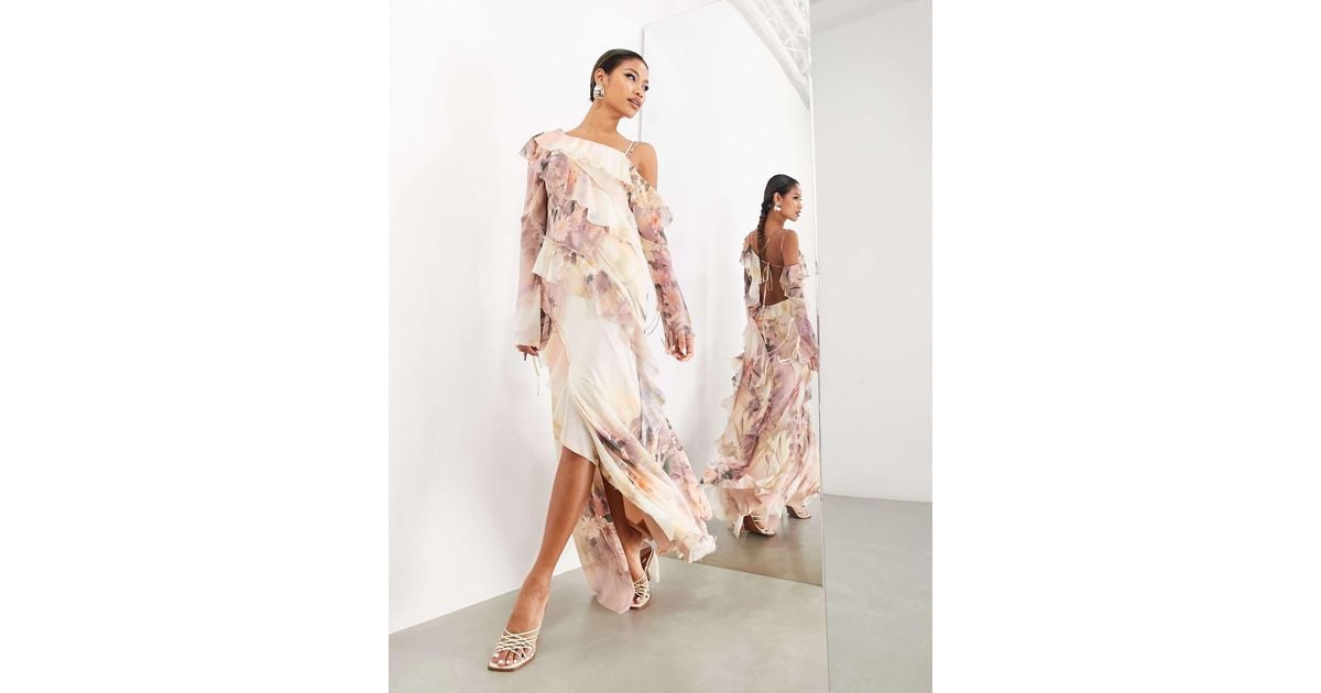 ASOS Off Shoulder Asymmetric Frill Detail Maxi Dress in Pink