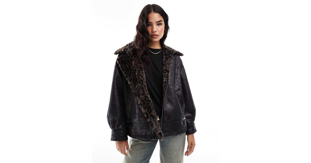 Stradivarius Str Distressed Aviator Jacket With Leopard Print Detail in Black Lyst UK