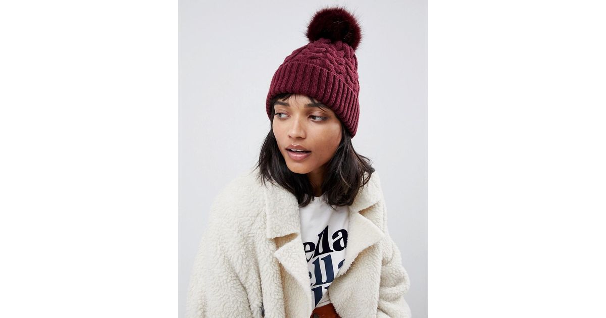 ASOS Denim Cable Faux Fur Pom Beanie In Recycled Polyester in Red - Lyst