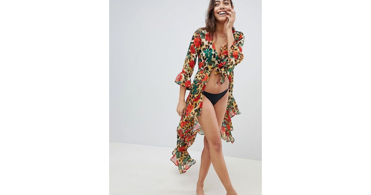 Asos Multicolor Animal Rose Print Tie Front Beach Kimono Lyst