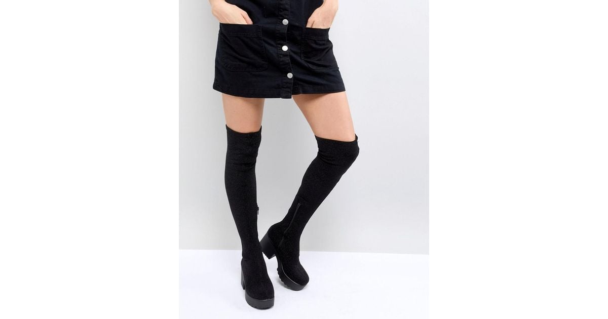 pull&bear platform heel knee boots in black
