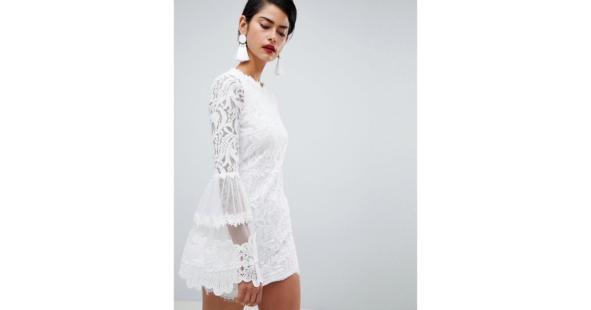 Missguided High Neck Bell Sleeve Lace Dress in White