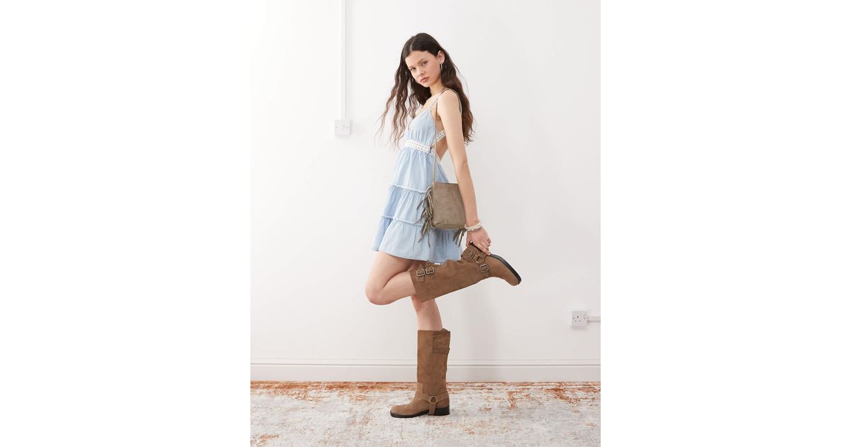 Miss Selfridge Denim Tiered Lace Insert Mini Dress in Blue | Lyst