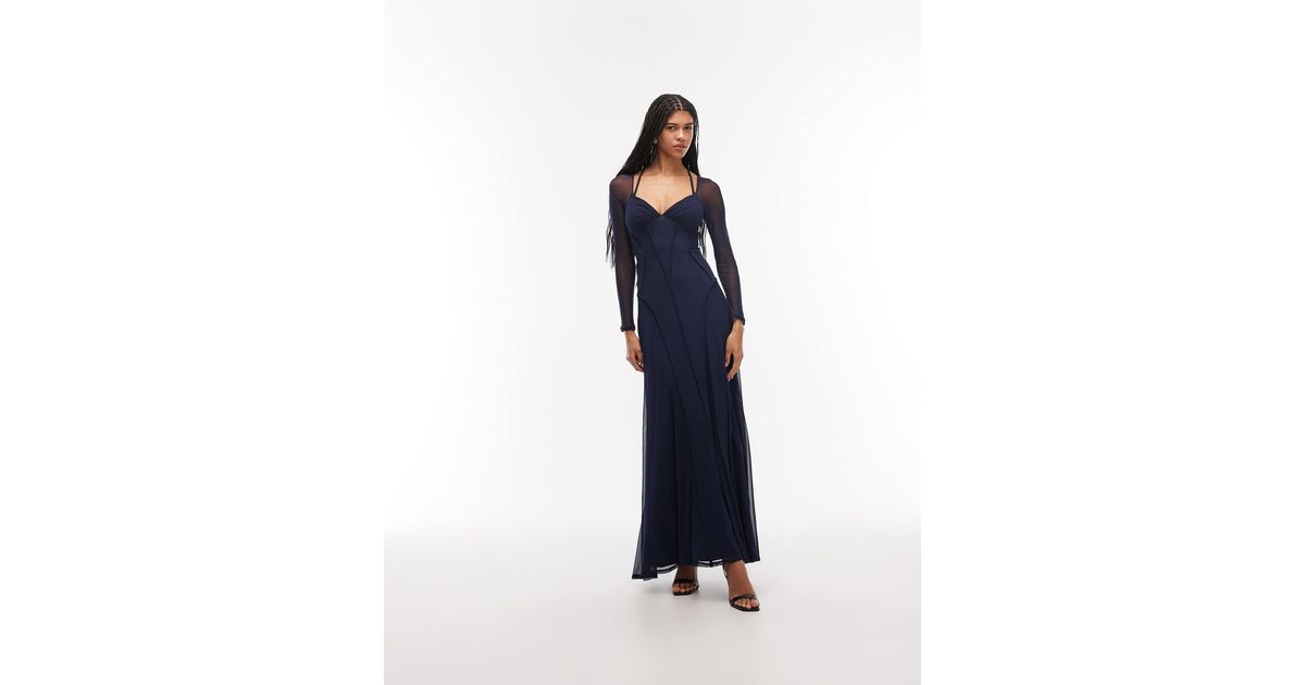 ASOS Mesh Long Sleeve Maxi Dress With Exposed Seam Detail in Blue | Lyst