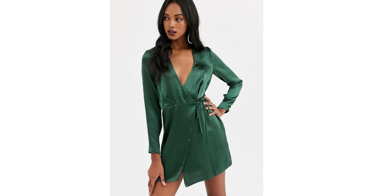 ASOS Satin Wrap Mini Dress in Green | Lyst