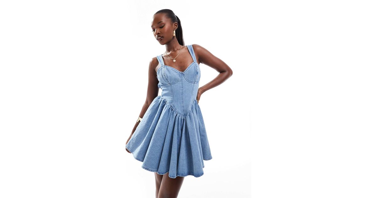 ASOS Denim Corseted Skater Mini Dress With Bow Back in Blue | Lyst