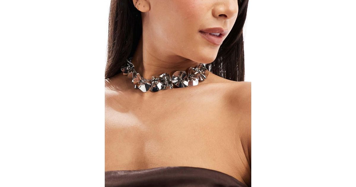 ASOS Statement Necklace With Hammered Flower Detail in Brown Lyst UK