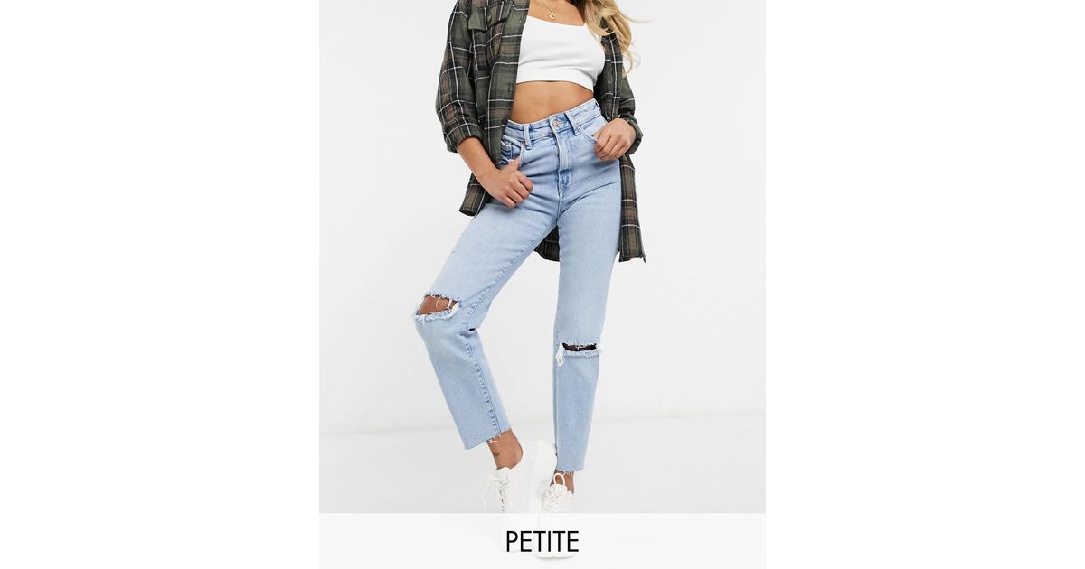 Stradivarius Petite Cotton Slim Mom Jean With Stretch And Rip in Blue | Lyst