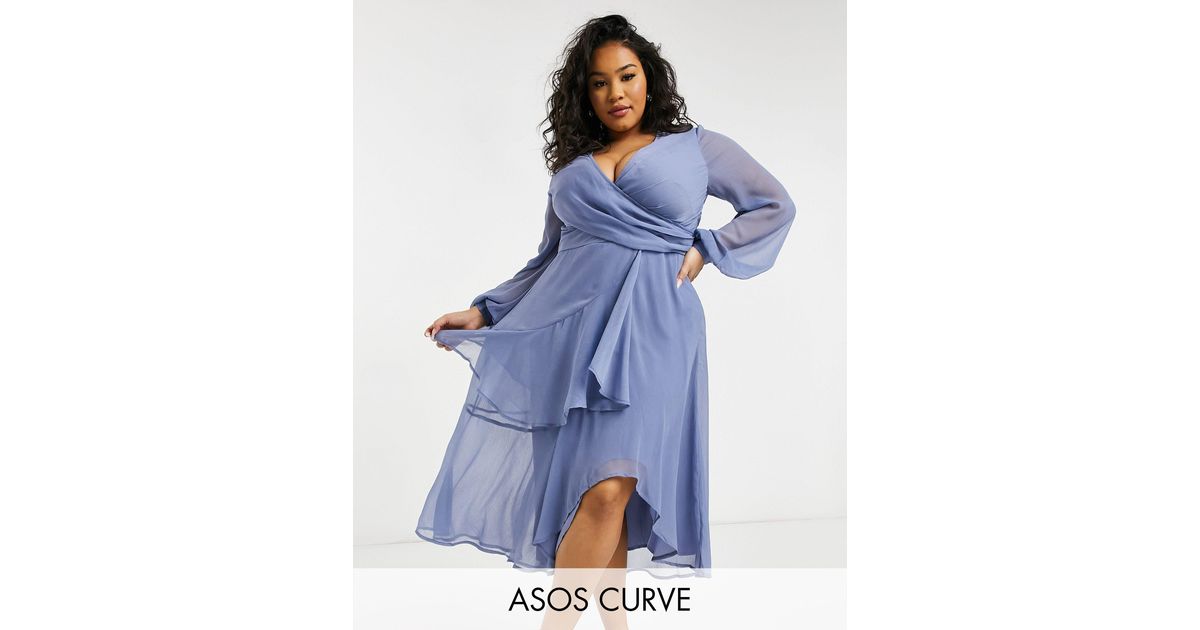 ASOS Asos Design Curve Wrap Waist Midi Dress With Double Layer Skirt And  Long Sleeve in Blue | Lyst Canada