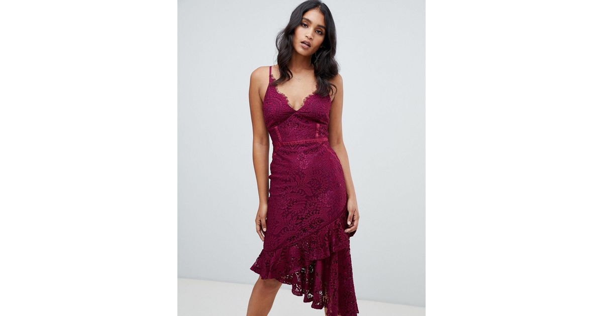 lipsy lace asymmetric hem cami bodycon dress in purple