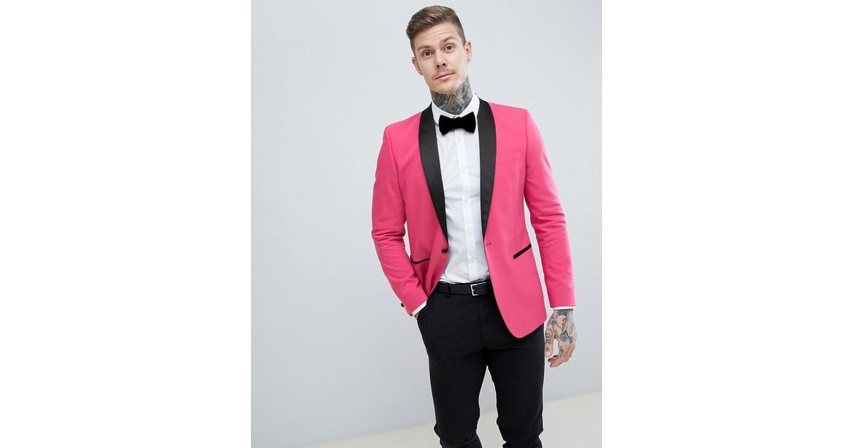ASOS Slim Tuxedo Suit Jacket In Bright Pink With Black Contrast Lapel for Men Lyst UK