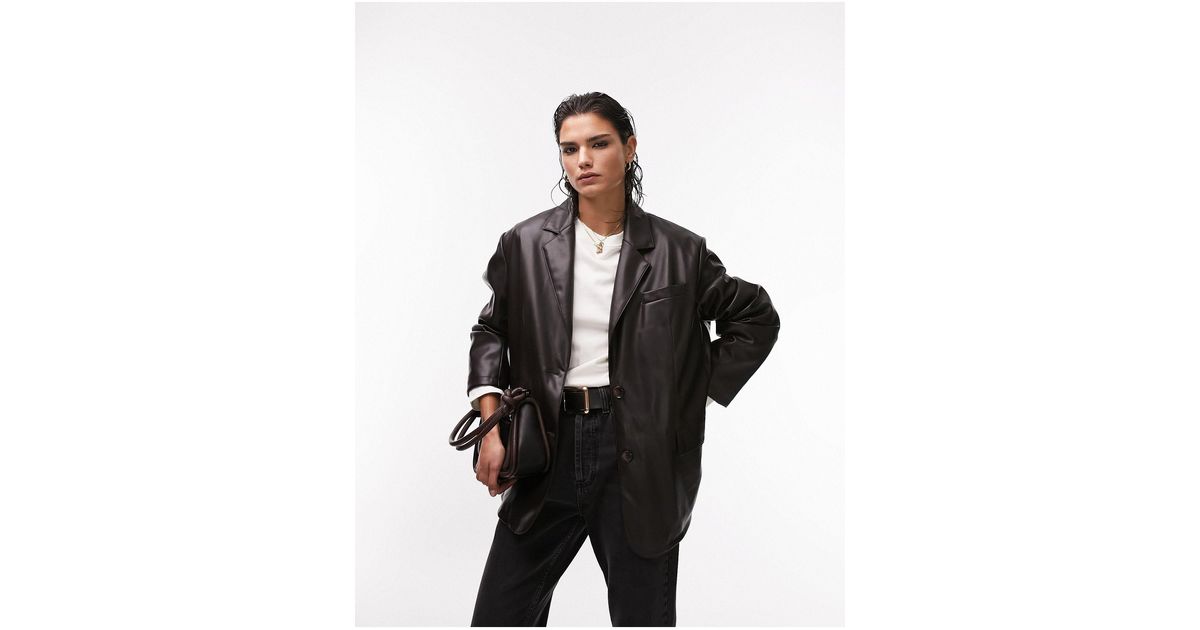 TOPSHOP Faux Leather Oversized Blazer Jacket in Black | Lyst