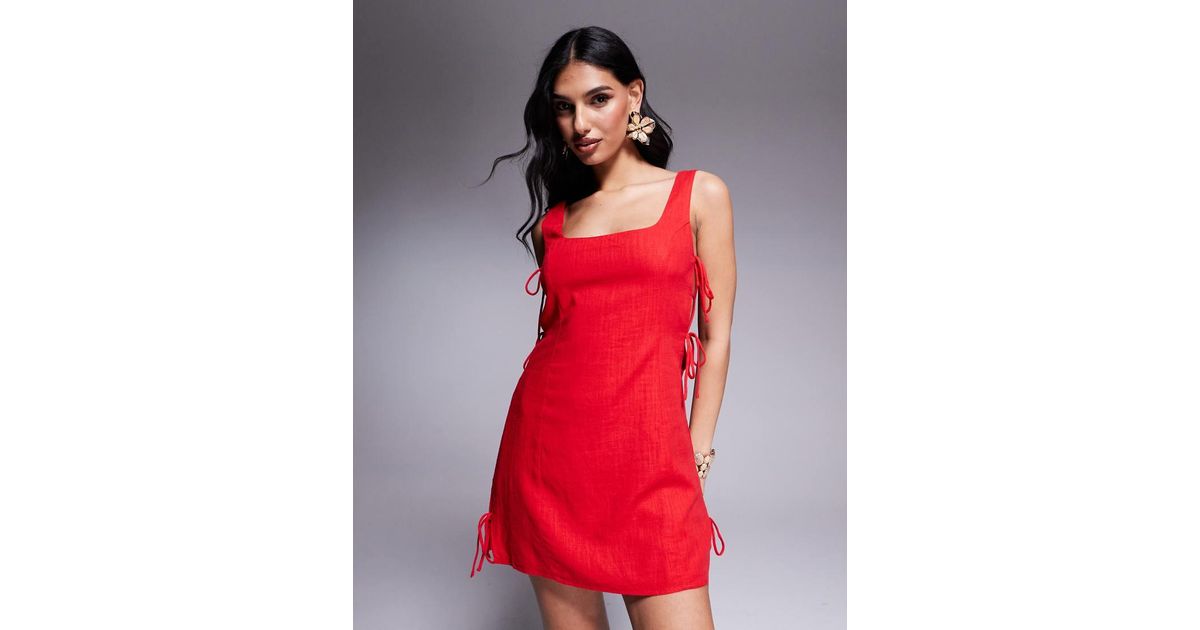 Princess Polly Linen Look Square Neck Open Tie Side Mini Dress in Red |  Lyst UK
