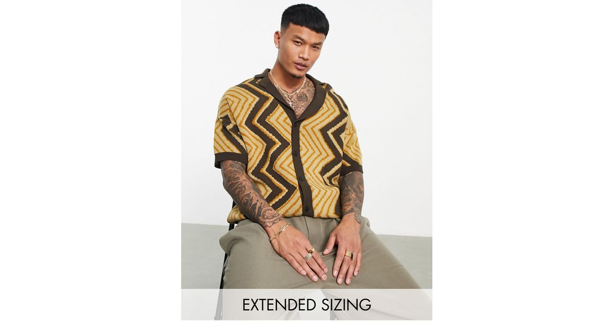 ASOS Knitted Button Through Polo With Zig Zag Design in Brown for Men ...