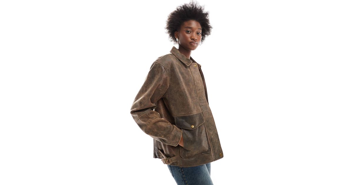 Urbancode Oversized Vintage Leather Harrington Jacket in Brown | Lyst