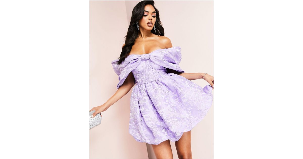 ASOS Jacquard Bardot Corsetted Bubble Hem Mini Dress in Purple