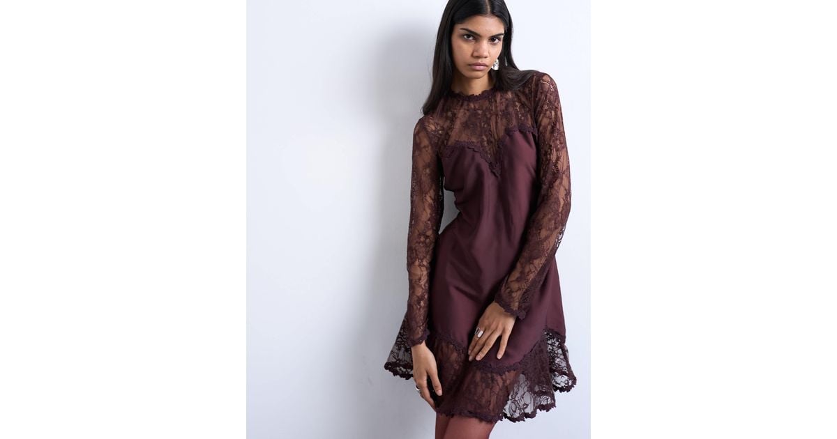 TOPSHOP Lace Sleeve Flippy Hem Mini Dress in Purple | Lyst