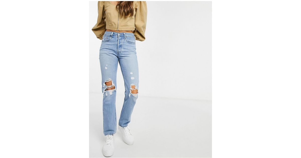 Levi's 501 High Rise Rip Knee Straight Leg Crop Jeans in Blue | Lyst Canada