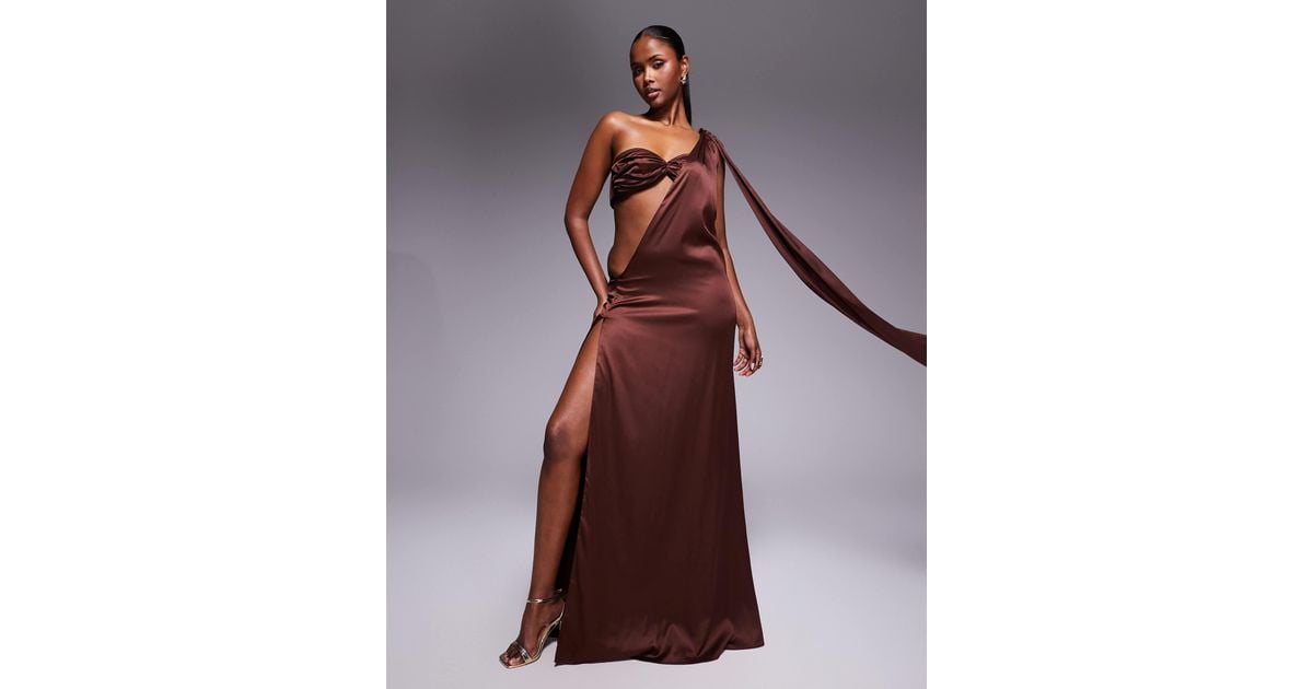 The Dolls House Anthia Asymmetric Satin Maxi Dress in Brown | Lyst