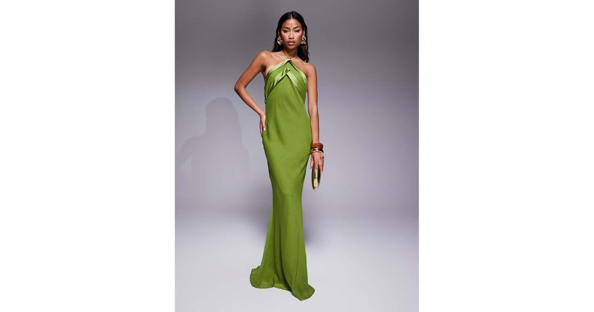 asos design satin tape halter maxi dress in green ASOS Satin Tape Halter Maxi Dress in Green