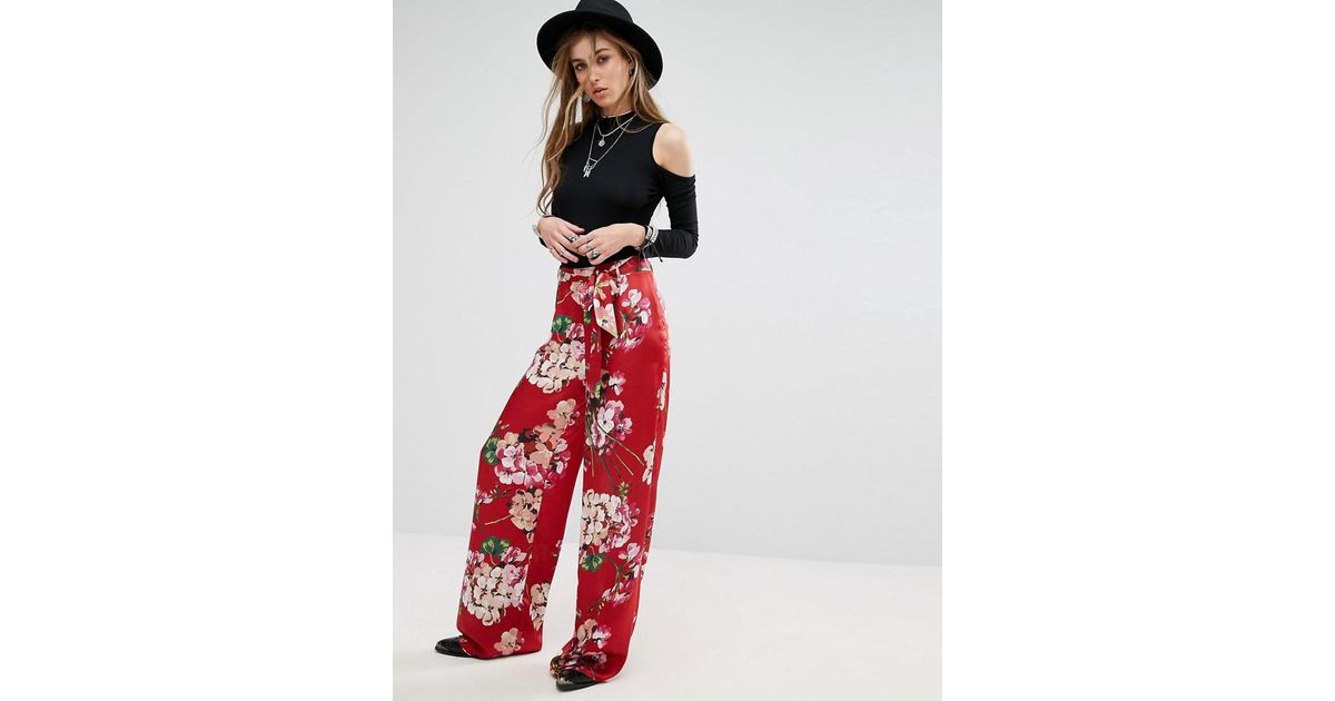 Missguided Synthetic Floral Print Wide Leg Trousers in Red - Lyst