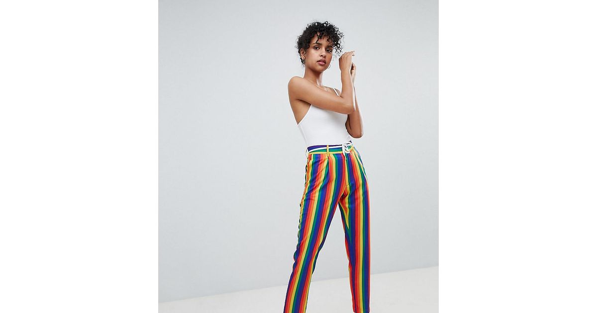 Daisy Street Peg Trousers In Rainbow Stripe