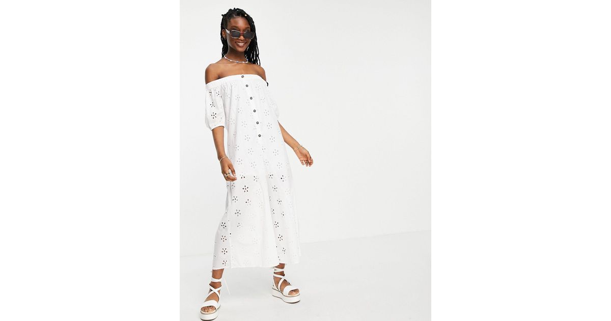 ASOS Off Shoulder Puff Sleeve Button Front Jumpsuit in White | Lyst
