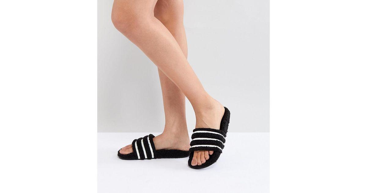adidas Originals Adilette Furry Slider Sandals In Black in Brown | Lyst