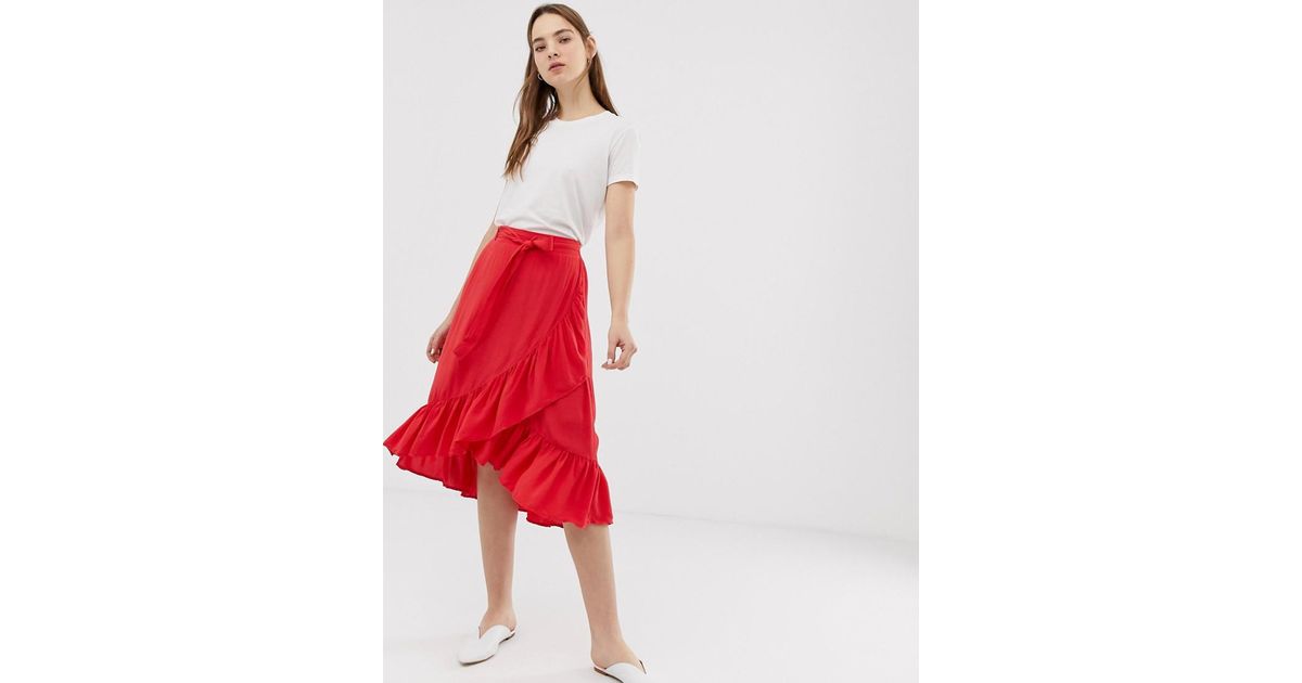 red ruffle wrap skirt