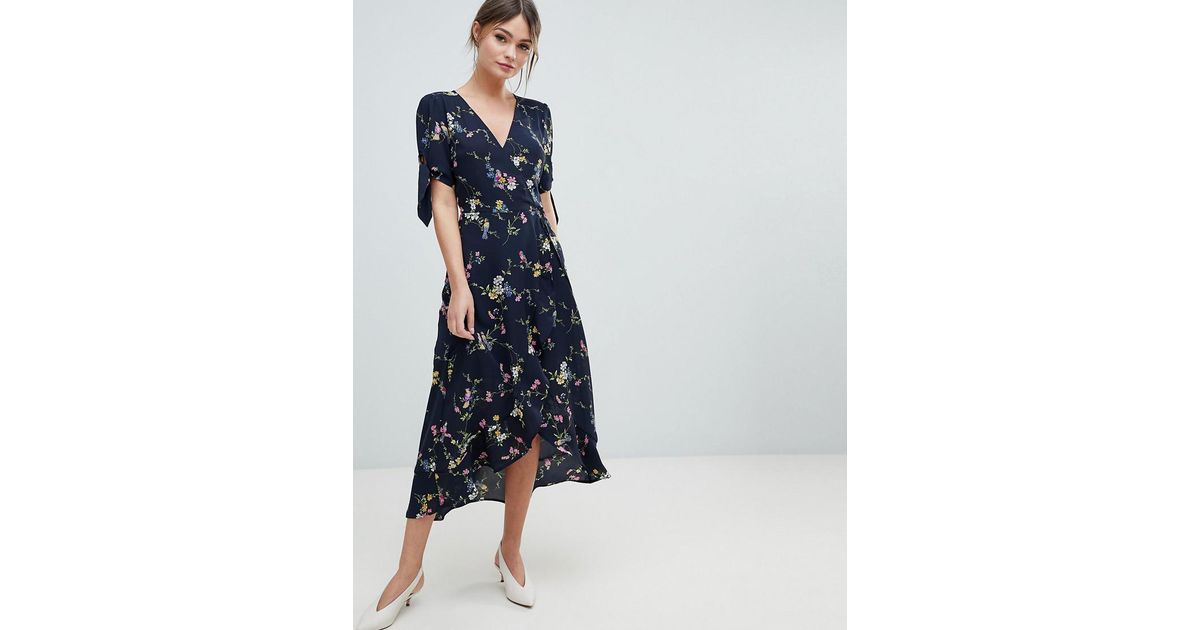 Oasis Floral Print Ruffle Hem Wrap Midi Dress in Blue | Lyst