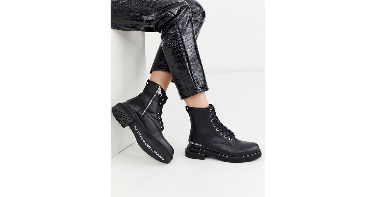 Calvin Klein Denim Studded Chunky Lace Up Ankle Boots in Black | Lyst