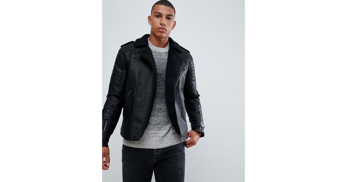 Jack Jones Black Originals Faux Leather Biker Jacket With Full Teddy Lining For Men