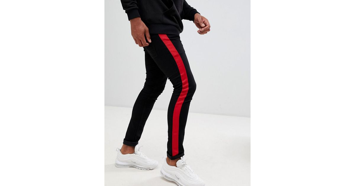 ASOS Denim Super Skinny Jeans In Black With Red Side Stripe for Men | Lyst