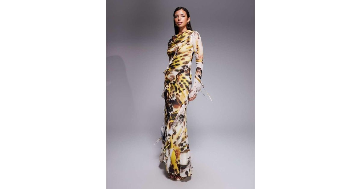 DASKA Chiffon High Cowl Neck Frill Detail Maxi Dress in Metallic | Lyst UK