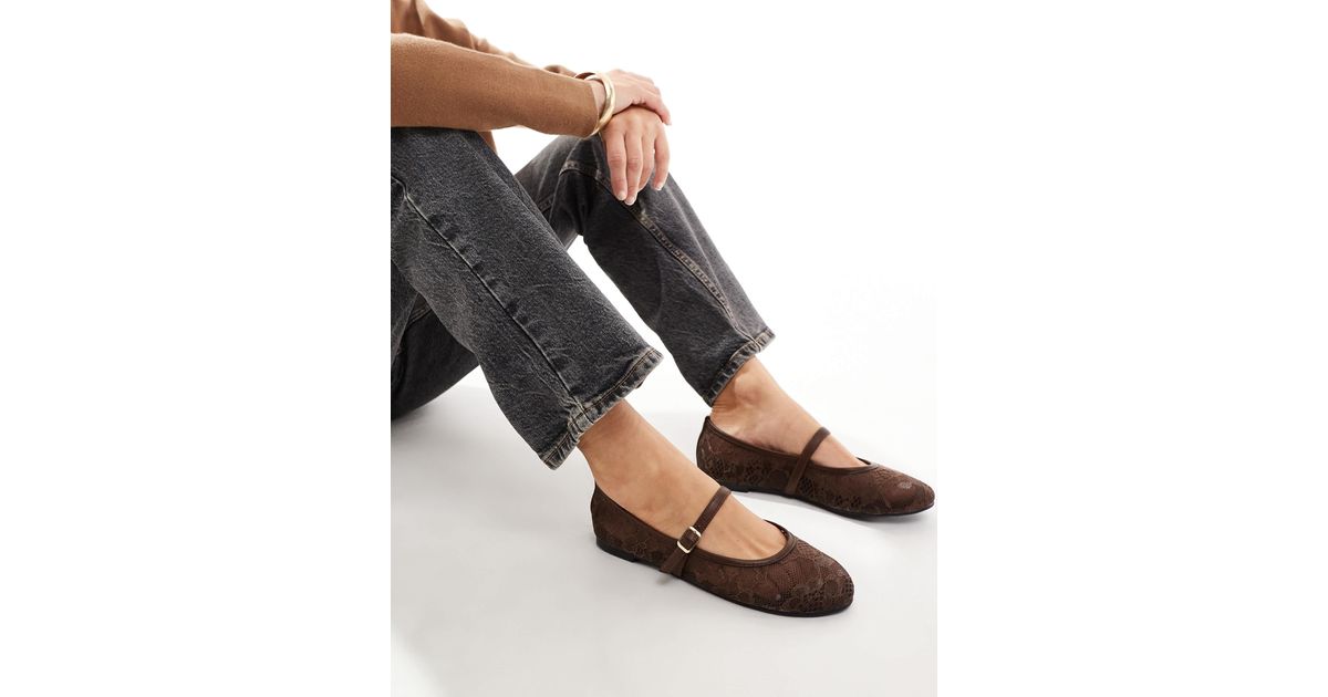 Public Desire Pirouette Lace Mary Jane Ballet Flats in Brown | Lyst