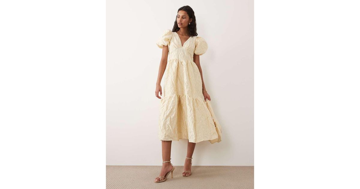 Sister Jane Yarrow Jacquard Puff Sleeve Tiered Midi Dress in