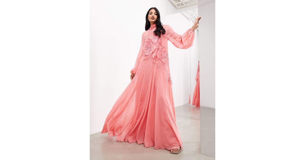 Blouson Sleeve Pink Floral Dress Asos Party Asos Flowy Dress ASOS DESIGN Maxi  Dress With Blouson