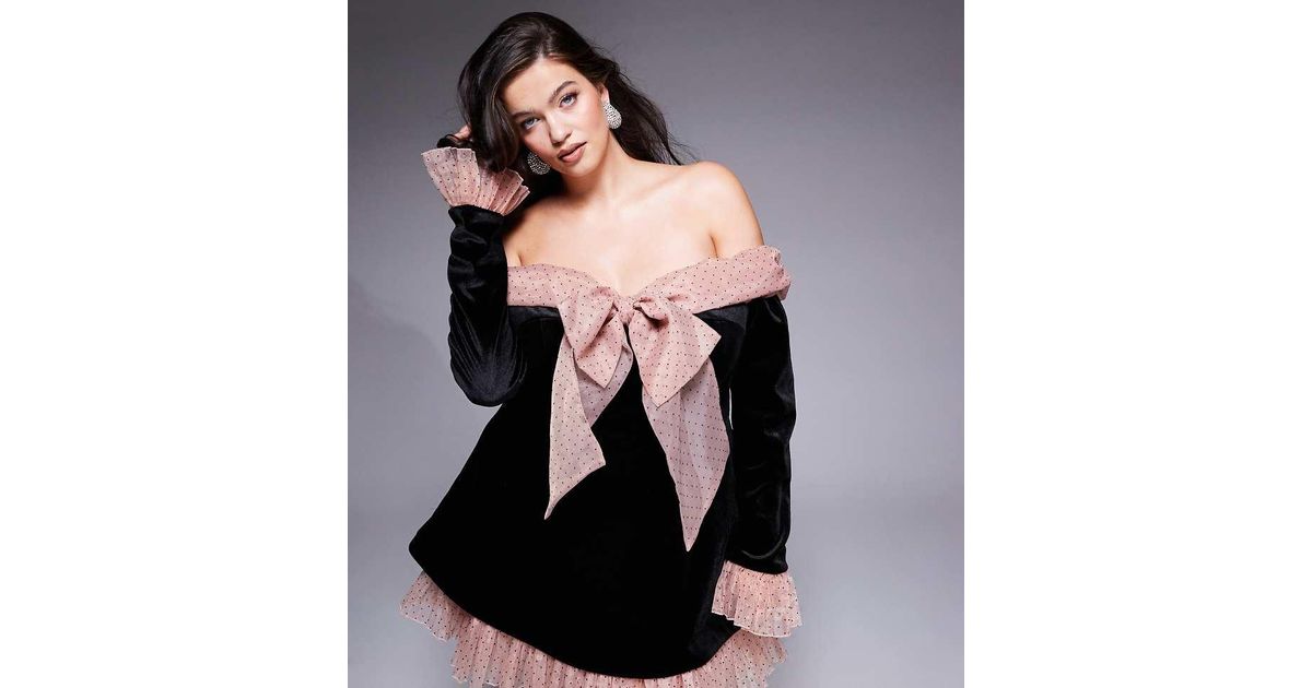 ASOS Curve Velvet Bardot Mini Dress With Pleated Dobby Organza in