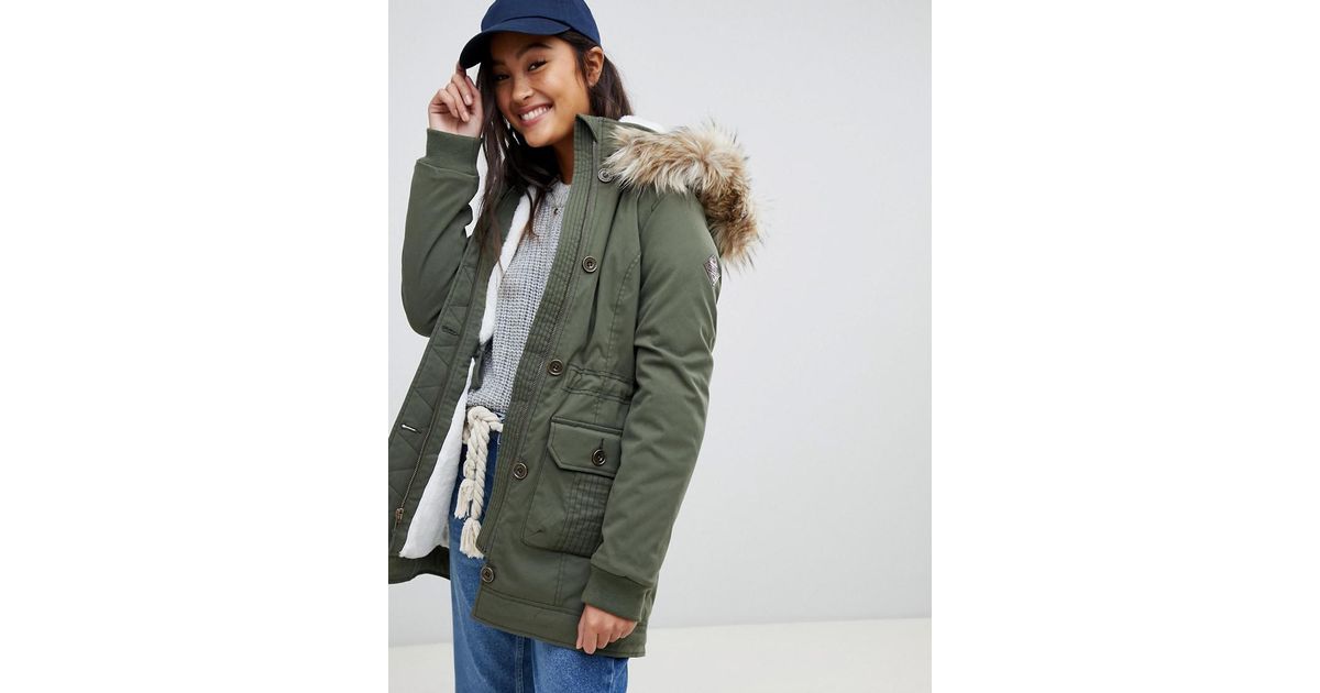 Hollister Teddy Lined Parka Jacket With Faux Fur Hood in Green
