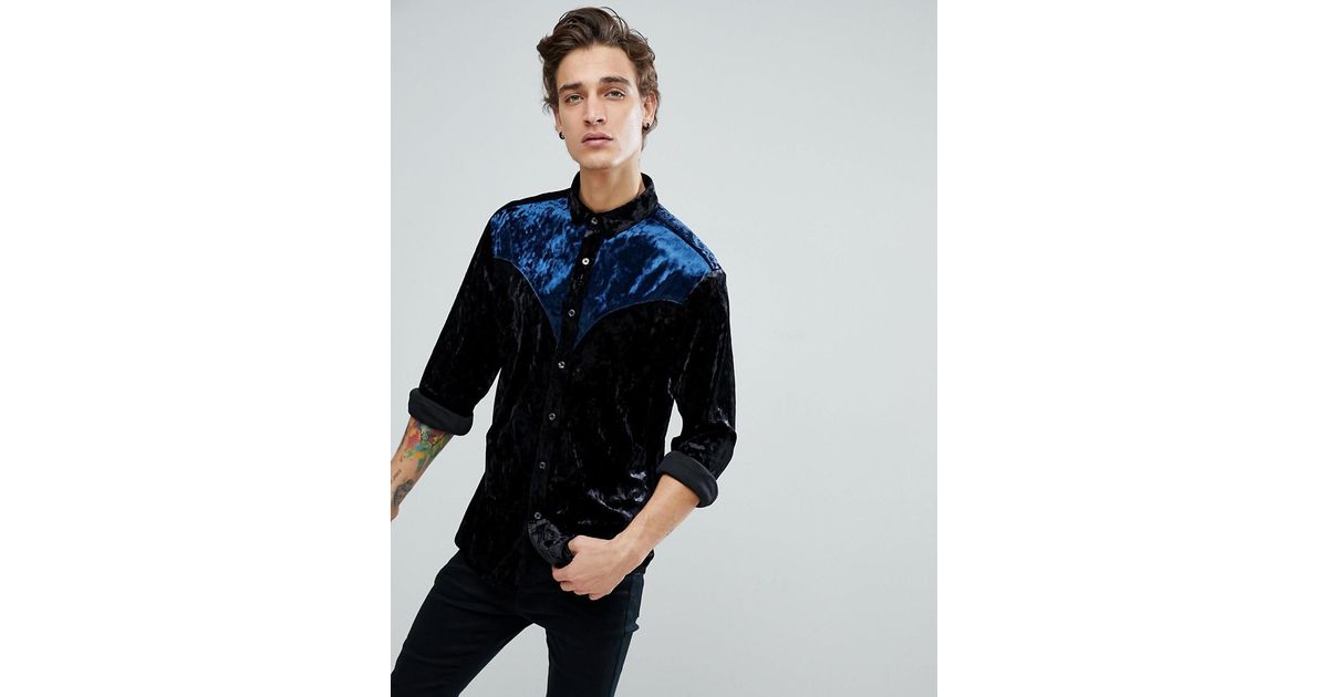 Asos Regular Fit Crushed Velvet Western Shirt In Black For Men Lyst 