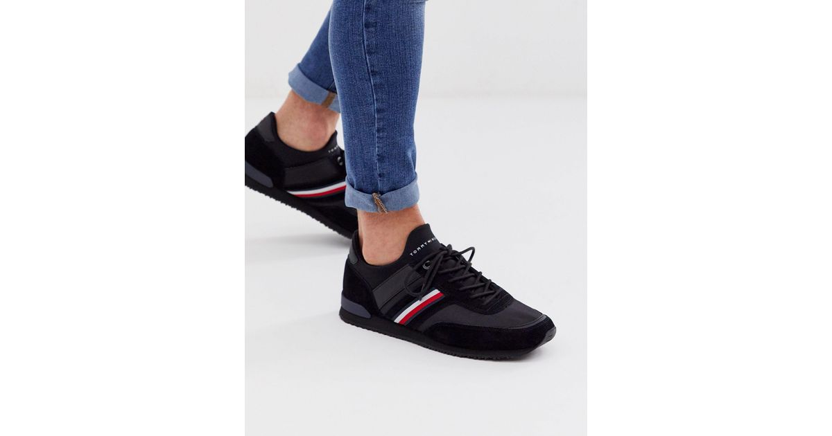 Tommy Hilfiger Iconic Logo Leather Suede Mix Runner Trainer In Black With  Icon Flag Logo Stripe Switzerland, SAVE 35% - aveclumiere.com