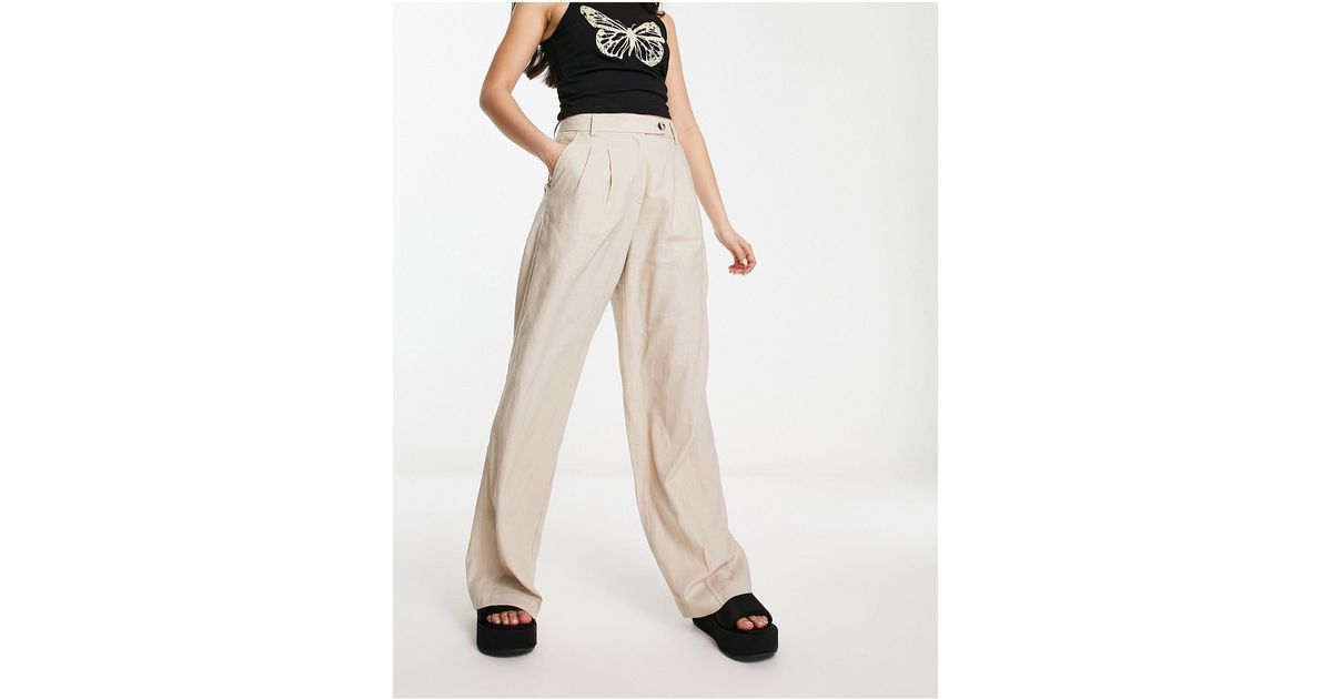 Pantalon large en lin à taille haute - sable Bershka en coloris Blanc