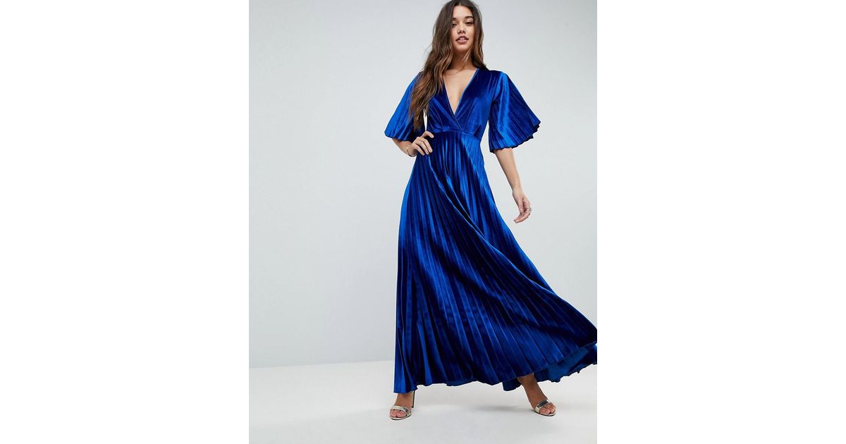 ASOS Pleated Velvet Kimono Maxi Dress in Blue - Lyst
