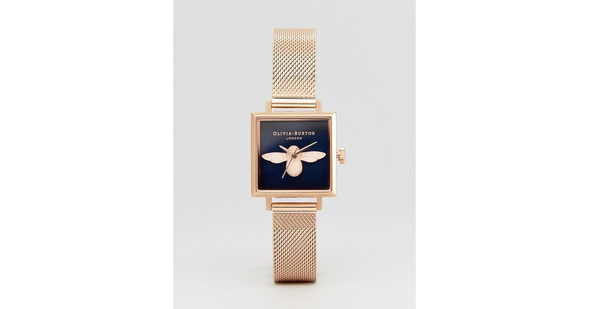Olivia Burton Leather Ob16am96 Molded Bee Square Mesh Watch In Rose Gold in  Metallic | Lyst Australia
