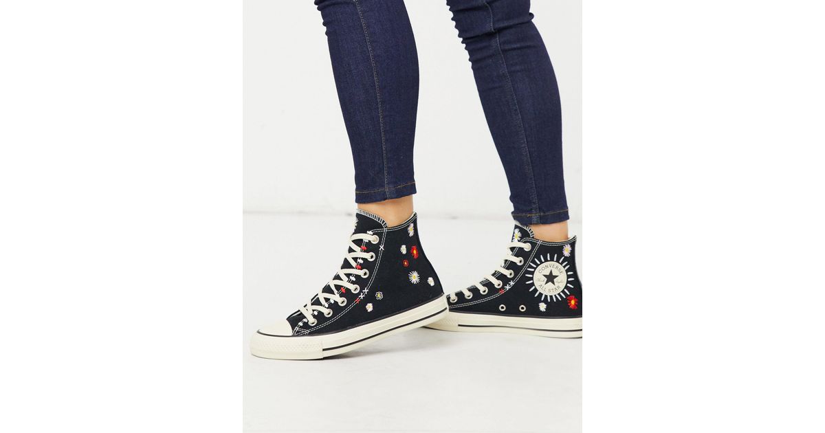 Converse Chuck Taylor All Star Hi Black Embroidered Floral Sneakers | Lyst  Australia